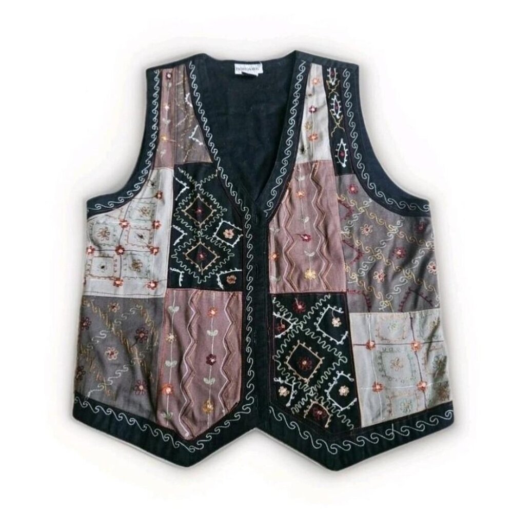 Fashion Bug Black Patchwork Embroidery Vest W Tie Back 100% Cotton *Small